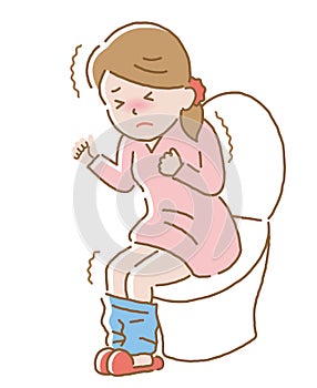 Woman suffering from abdominal pain on toilet seat.  Diarrhea, constipation, and period pain symptoms. Health care concept