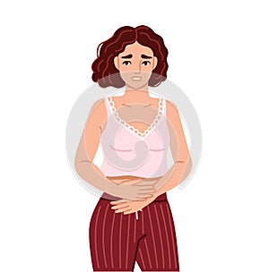 Woman, suffering from acute abdominal pain, diarrhea, bloating, holds her stomach. Painful menstruation. Hand drawn