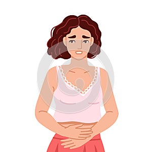 Woman, suffering from acute abdominal pain, diarrhea, bloating, holds her stomach. Painful menstruation. Hand drawn