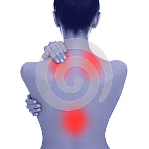 Woman suffering from back and neck pain on white background