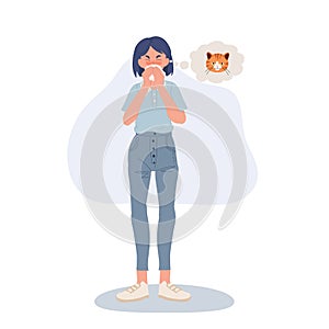 woman suffering from cat allergy. coughing and breath difficulty