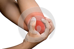 Woman suffering from chronic joint rheumatism. Elbow pain photo