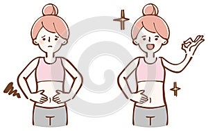 Woman suffering from constipation, belly improvement illustration set