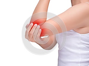 Woman suffering from elbow pain, joint pains. red highlight