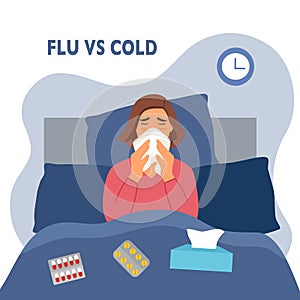 Woman suffering from flu in bed under blanket. She has fever and sneezing in tissue paper or napkin. Flu or cold allergy symptom c