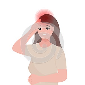 Woman suffering from head ache isolated vector illustration. C female has migraine. Sad person portrait