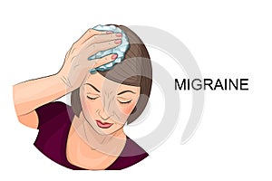 Woman suffering from headache holding ice on his head