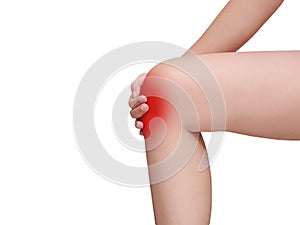 Woman suffering from knee pain, joint pains. red color highlight