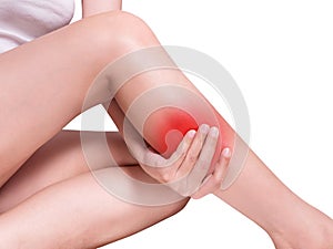 Woman suffering from leg pain, calf pain. red color highlight