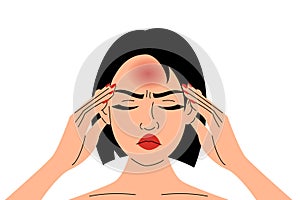 Woman suffering from migraine isolated. Painful area
