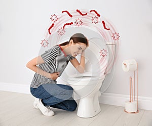Woman suffering from nausea at toilet bowl and bacteria illustration. Food poisoning