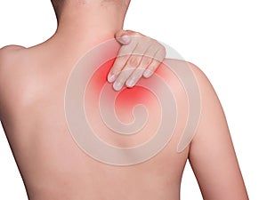 Woman suffering from neck pain, shoulder pain. red color highligt