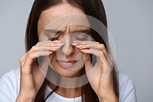 Woman Suffering From Pain, Feeling Stress, Touching Painful Eyes