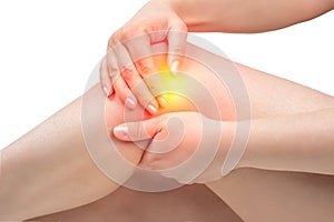 Woman suffering from pain in knee. Tendon problems and Joint inflammation on white background. young women knee ache, healthcare