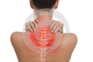 Woman suffering from pain in neck on white background, closeup