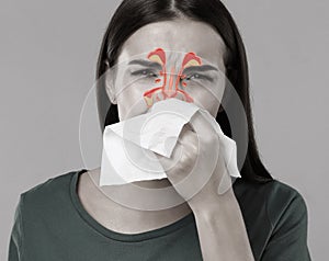 Woman suffering from runny nose as allergy symptom. Sinuses illustration