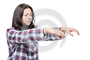 Woman suffering from sleepwalking, portrait on white photo