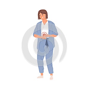 Woman suffering from stomach ache and holding her hands on belly. Person with abdominal pain. Stomachache or discomfort