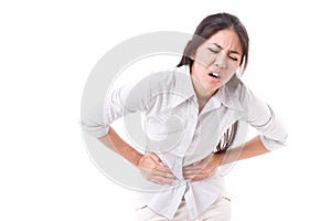 Woman suffering from stomach pain, menstruation cramp