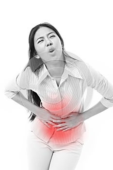 Woman suffering from stomach pain, menstruation cramp