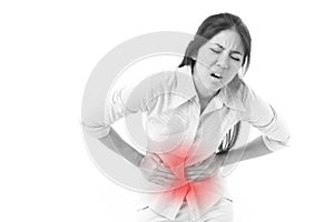 Woman suffering from stomach pain, menstruation cramp