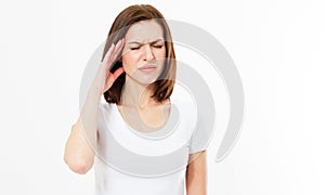 Woman suffering from stress or headache grimacing in pain as she holds the back her neck with her other hand to her temple