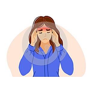 Woman suffering from tension headache, pain, stress, hangover, discomfort, holding her throbbing head, touching her