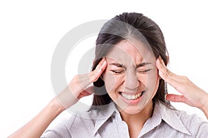 Woman suffers from acute headache, migraine
