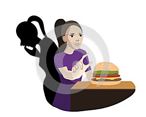 Woman suffers from bulimia. She couldn`t resist a temptation for burger