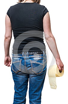 Woman suffers from diarrhea holds toilet paper. Isolated on white.