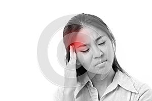 Woman suffers from headache, migraine