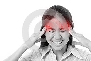 Woman suffers from headache, migraine