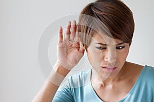 Woman suffers from hearing impairment, hard of hearing