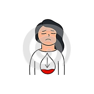 A woman suffers from low blood sugar. Prediabetes. Anemia concept. Vector illustration in doodle style
