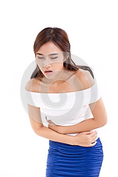 Woman suffers from menstruation pain or stomach ache