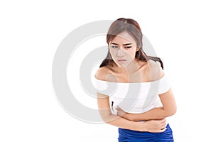 Woman suffers from menstruation pain or stomach ache