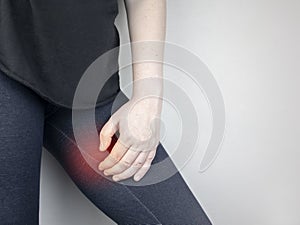 A woman suffers from pain in the inner thigh. The concept of treating a hip joint for trauma, myositis, impaired nerve endingsor o