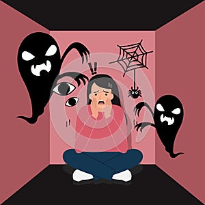 Woman suffers from phobias and fears. The psychological concept of mental disorder and paranoia.