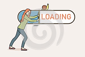 Woman suffers from slow internet and pushes loading bar with snail, needing to connect to 5G network