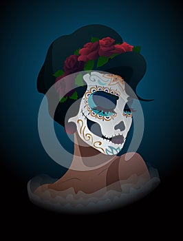 Woman with sugar skull makeup and wreath of roses