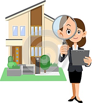 A woman in a suit holding a document and looking through a magnifying glass, and a house