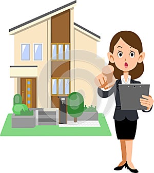 A woman in a suit holding a document and pointing her finger, and a house