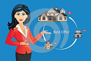 Woman in suit offering house. House selection, best offer, real estate concept vector illustration.