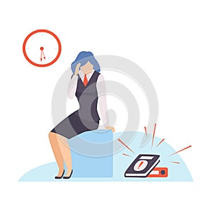 Woman in a suit sits on a blue cube and looks at a diary. Vector illustration.