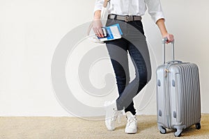 Woman with the suitcase goes on a journey. Travel insurance.