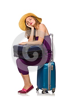 The woman with suitcase isolated on white