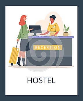 Woman with suitcase near the reception, talking to the lobby hostels desk clerk, Online hotel booking, Vector