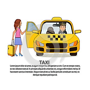 Woman With Suitcase Sitting In Yellow Cab Car Taxi Service Icon Over Background With Copy Space