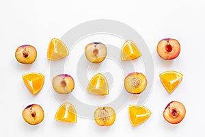 Woman summer breackfast with orange and peach fruits on white background flat lay mockup