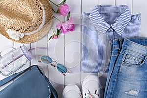 woman summer clothes and accessories collage on white with shirt, jeans, glasses, shoes, handbag, hat, Jar